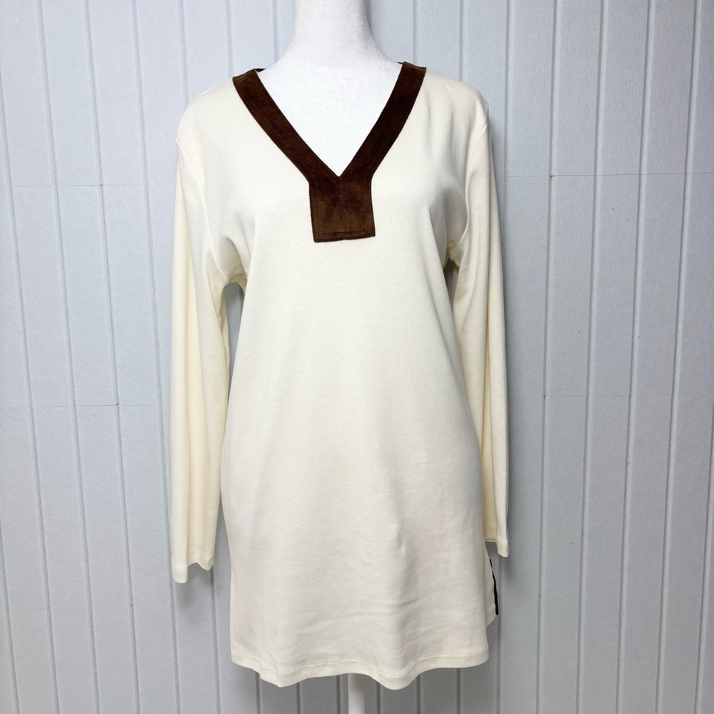 Ralph Lauren V neck Cream and Brown Cotton Long‎ Sleeve Top Size L